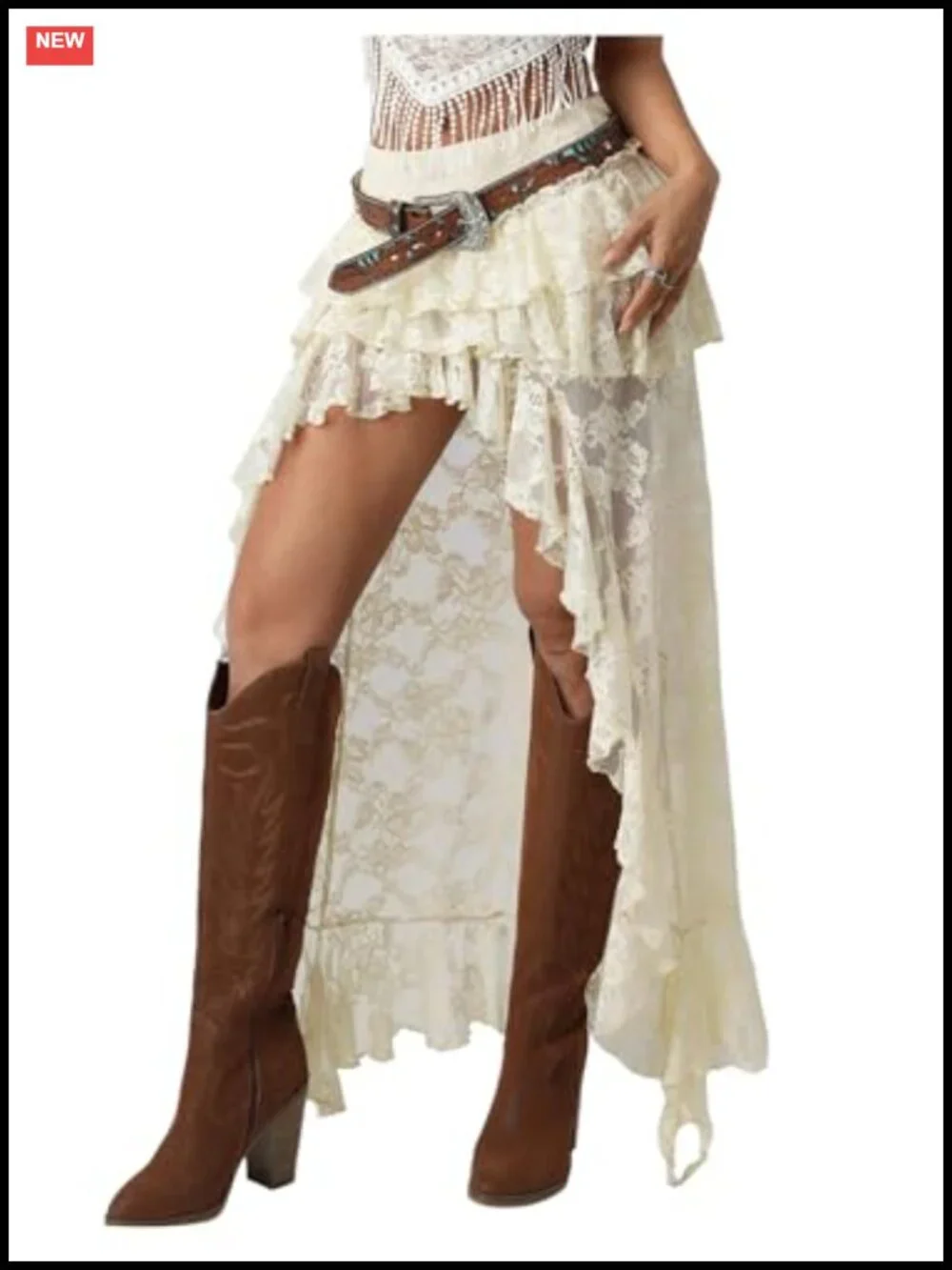 Lace Boho Maxi Skirt Asymmetrical Cowgirl Drop Waist Flowy Layered Western
